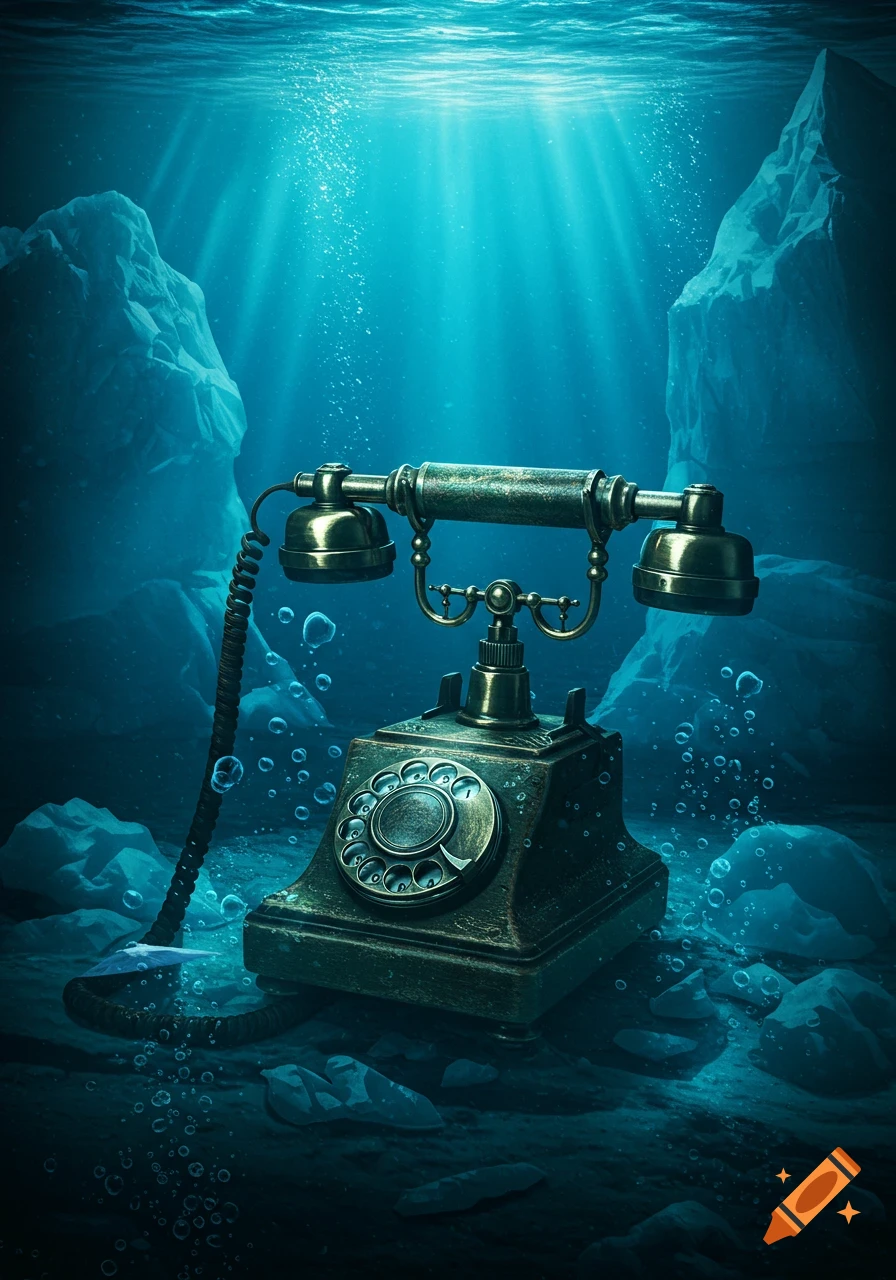 An old, ornate brass rotary telephone sits on the seabed, surrounded by large ice formations, with sunbeams piercing through the teal water from above.