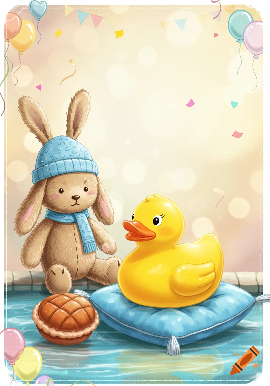 Illustrated plush bunny in blue beanie and scarf next to a rubber duck on a cushion, with balloons and confetti.