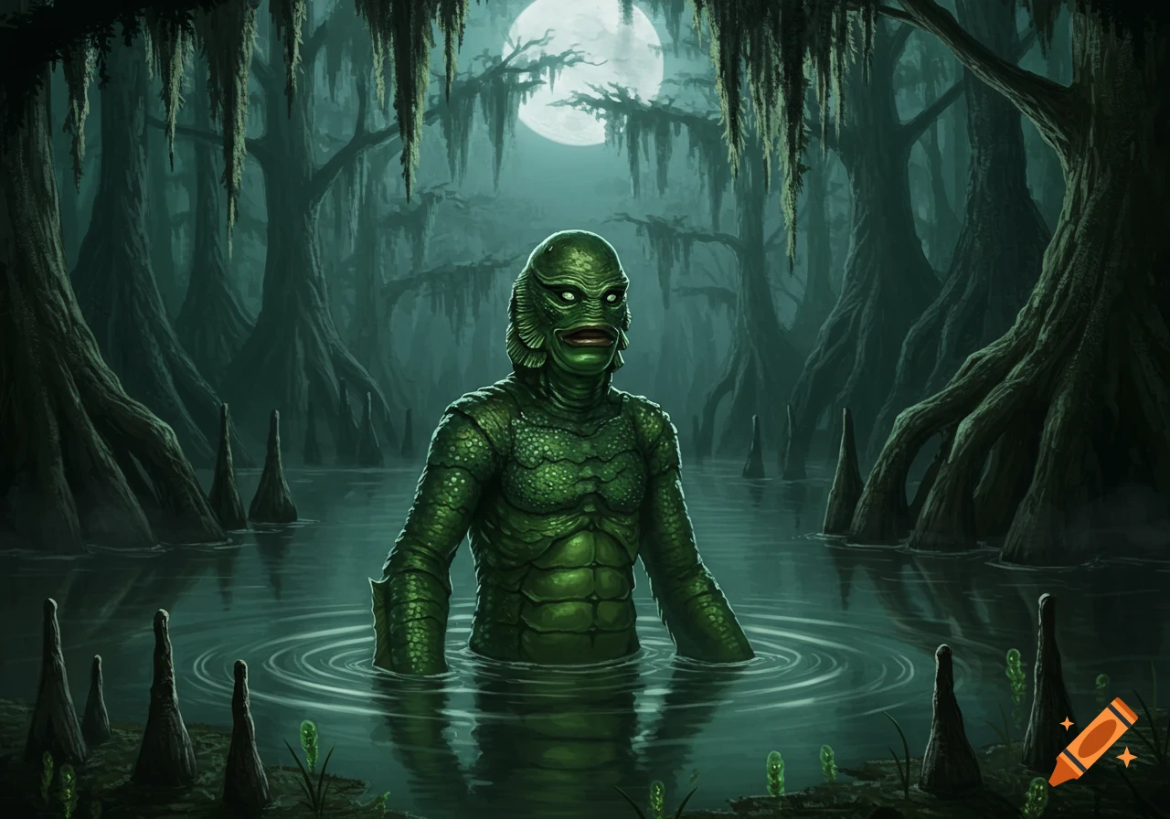 A green scaly monster, resembling the Creature from the Black Lagoon, stands in dark swamp water under a full moon.