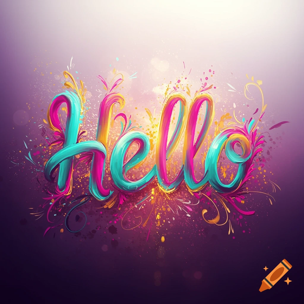 Colorful stylized 3D lettering of the word 'hello' with vibrant splatters and flourishes on a gradient purple background.