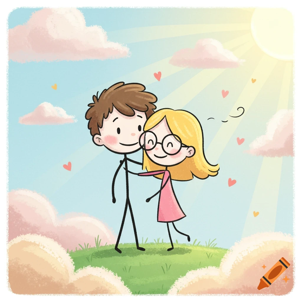 Cartoon illustration of a stick figure boy with brown hair and a girl with blonde hair and glasses hugging under a sunny sky with clouds and hearts.