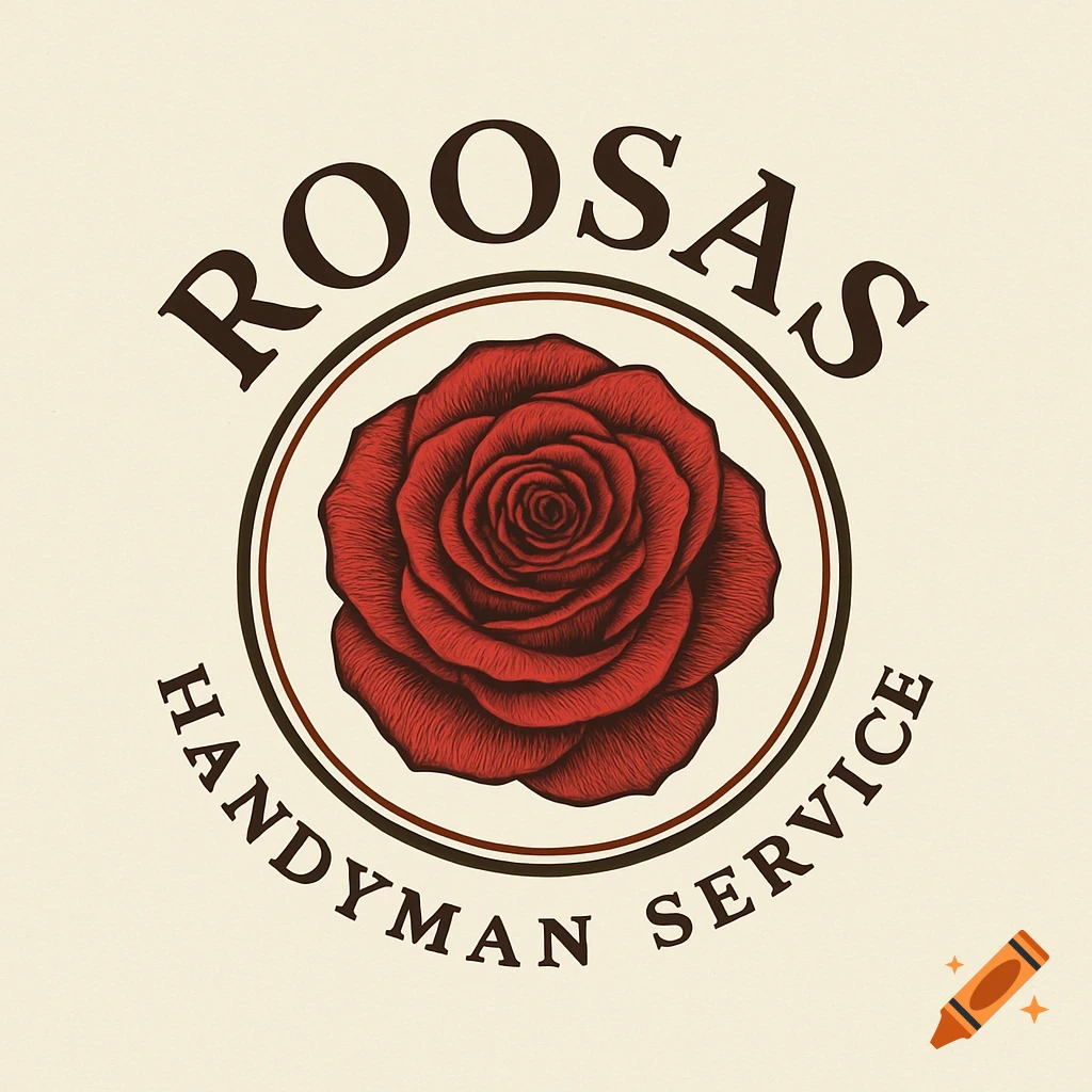 A round logo featuring a detailed red rose in the center, encircled by text that reads "ROOSAS" at the top and "HANDYMAN SERVICE" at the bottom. The background is a light cream color.