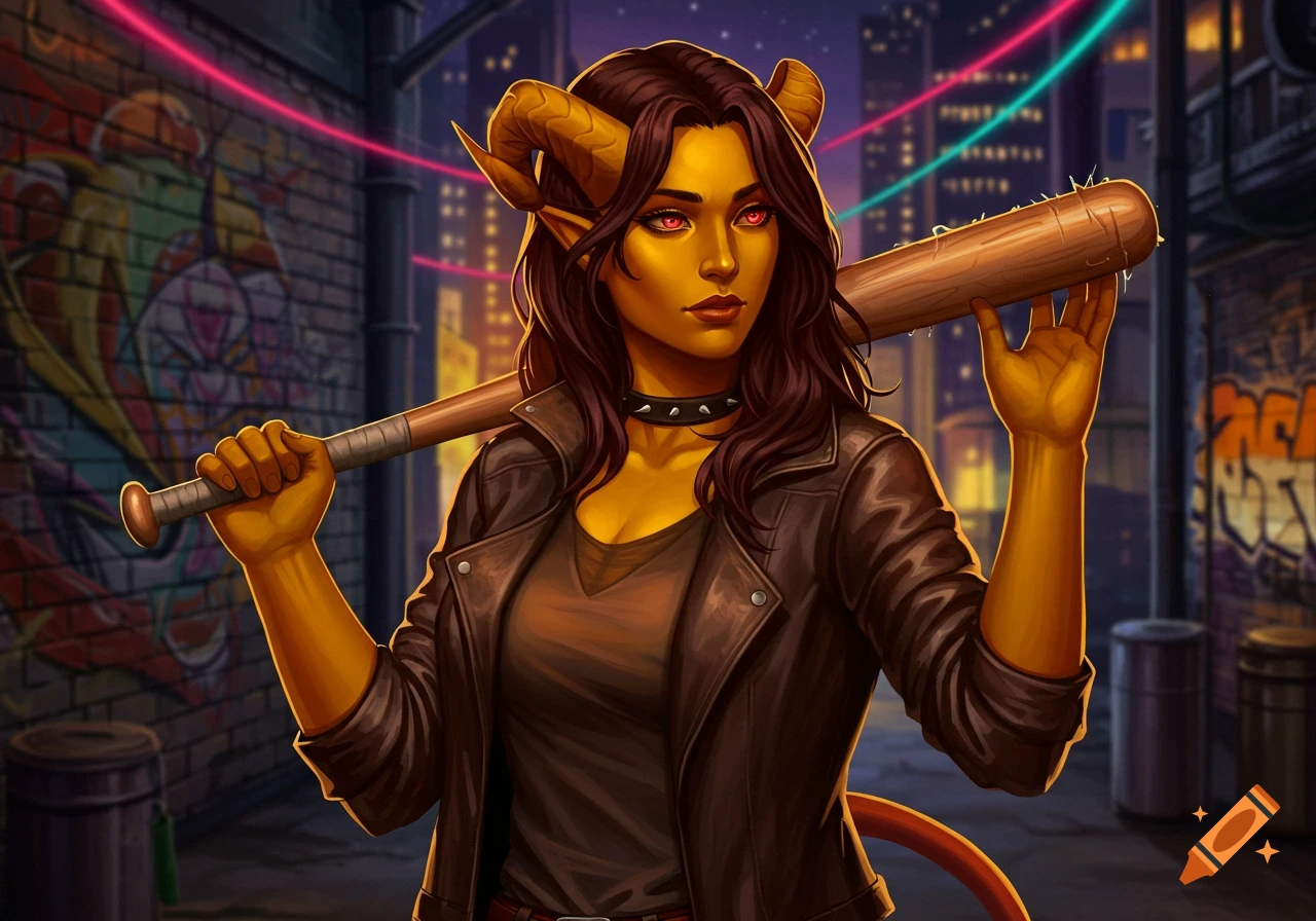 A yellow-skinned Tiefling woman with brown hair and red eyes holds a baseball bat in a neon-lit urban alley with graffiti.