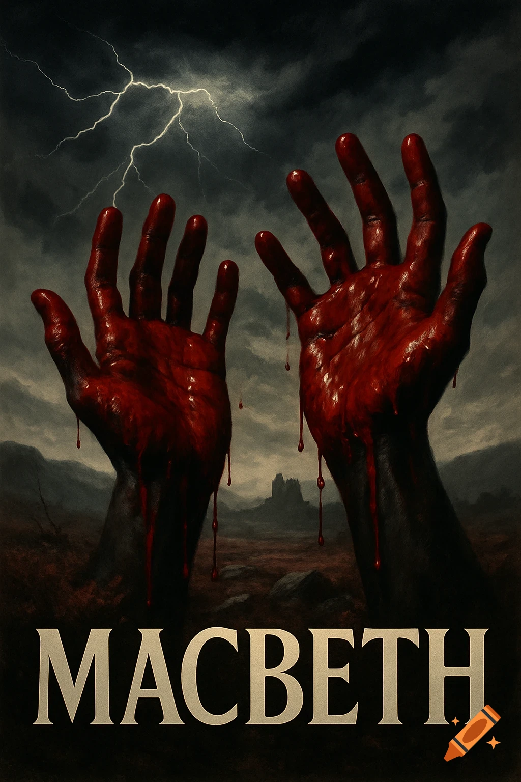 Dramatic Macbeth poster with blood-covered hands against a stormy sky and castle.