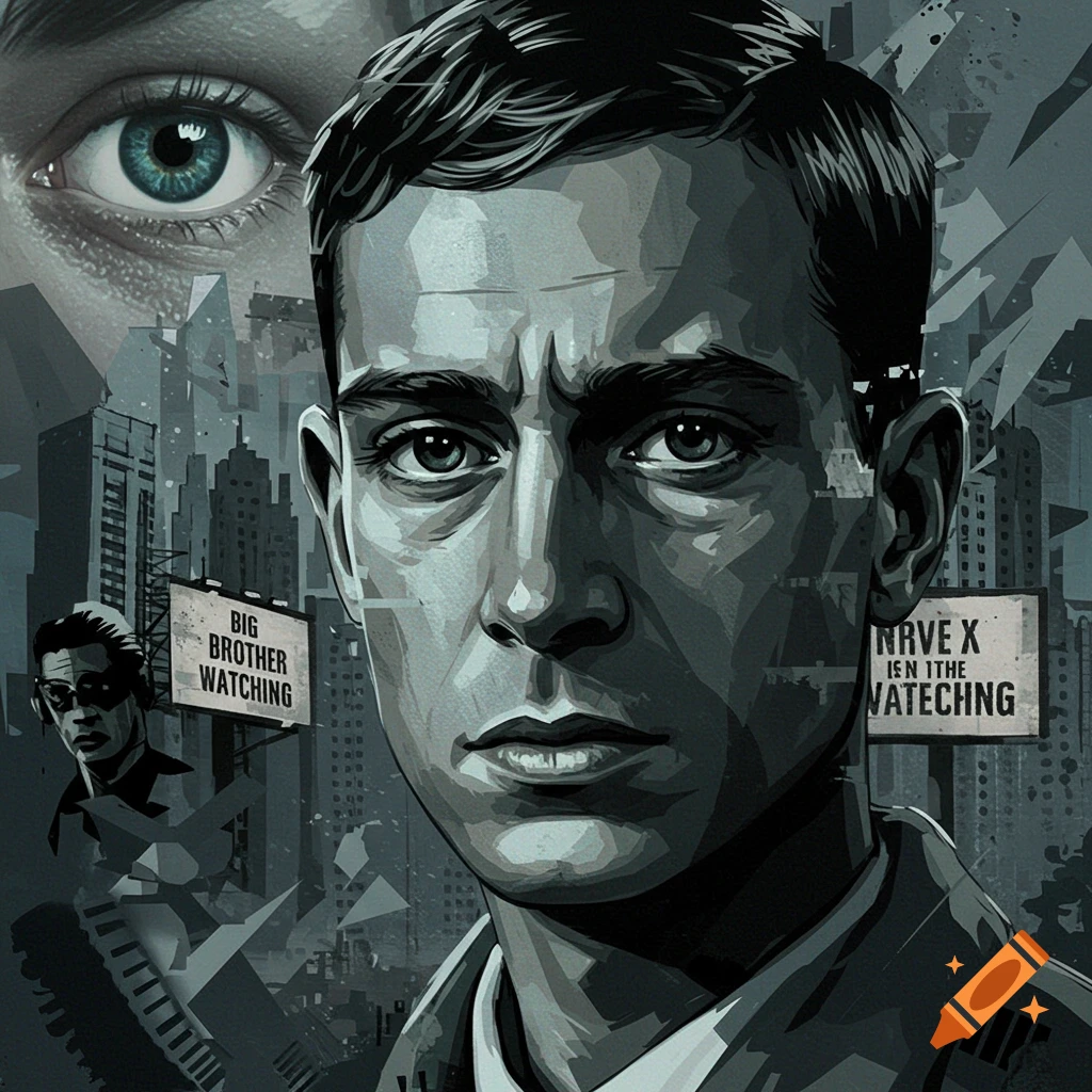 A stylized portrait of a man with a stern expression, set against a dark, dystopian cityscape with an eye watching from above. Signs read 'BIG BROTHER WATCHING' and garbled text. The image has a grainy, glitch-like filter.