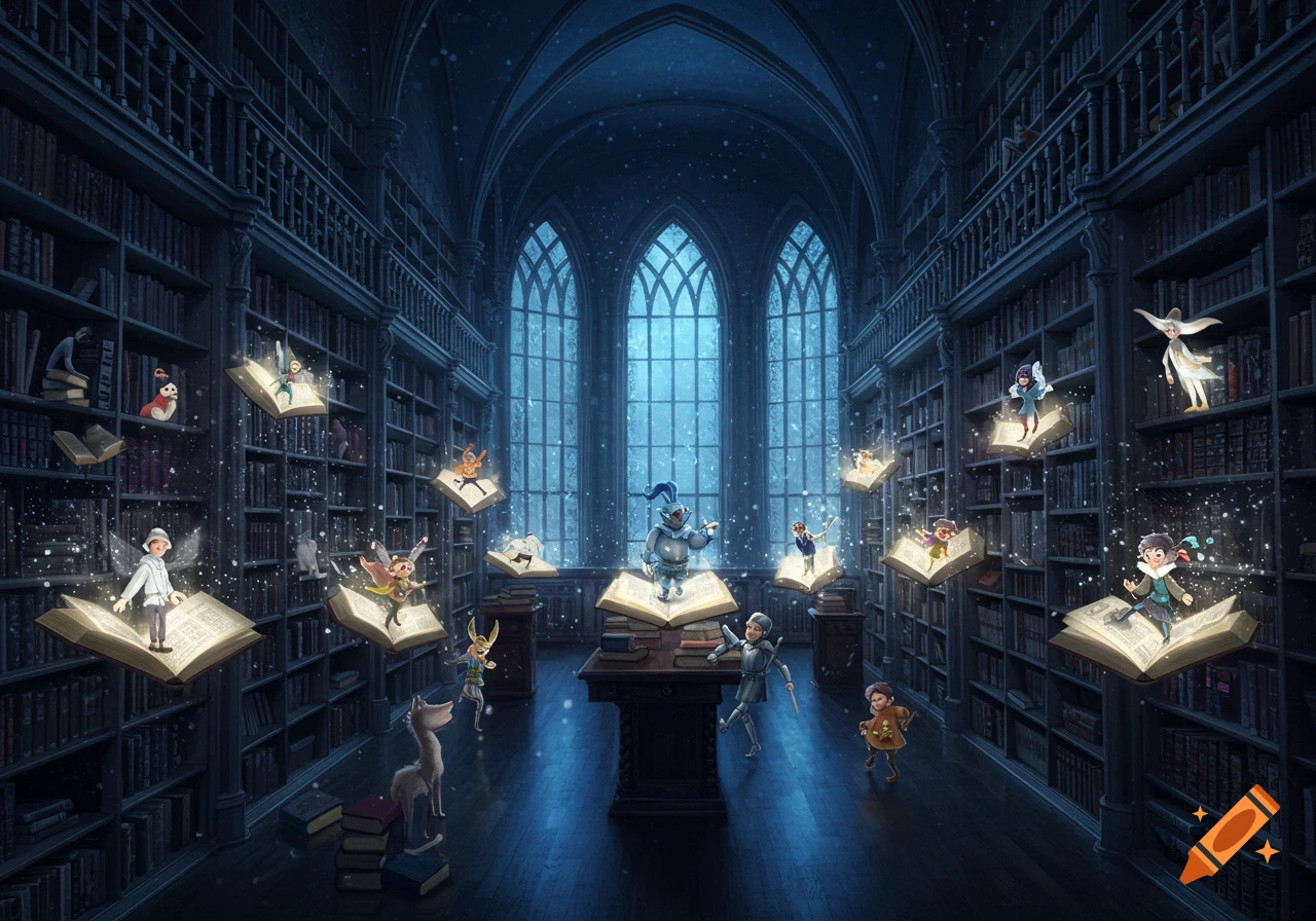 A magical, dark library with characters flying on glowing open books. Knights, fairies, and children float amidst bookshelves and large windows.