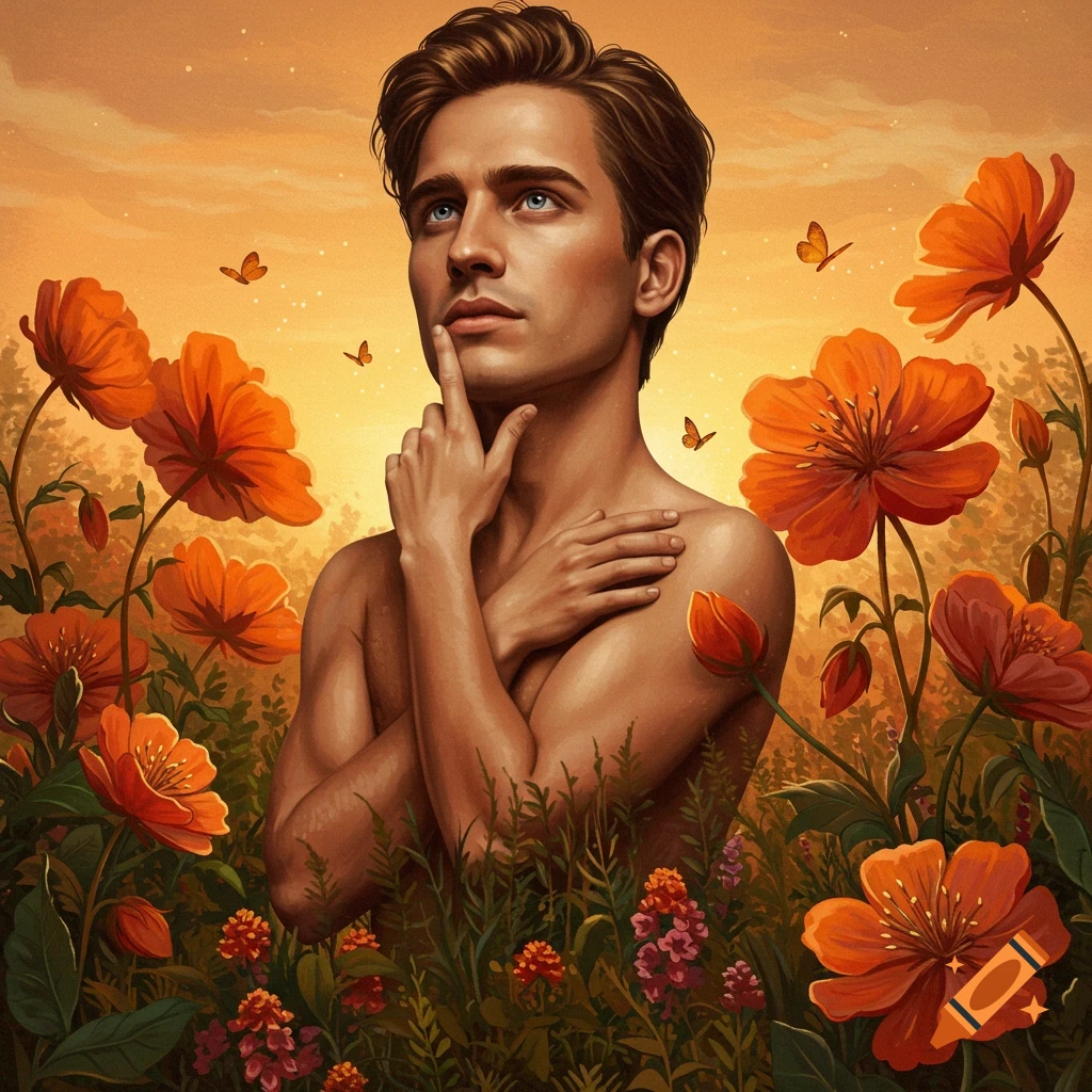A man with brown hair and blue eyes stands bare-chested amidst orange and pink flowers, looking upwards with a hand to his chin, in a painterly style.