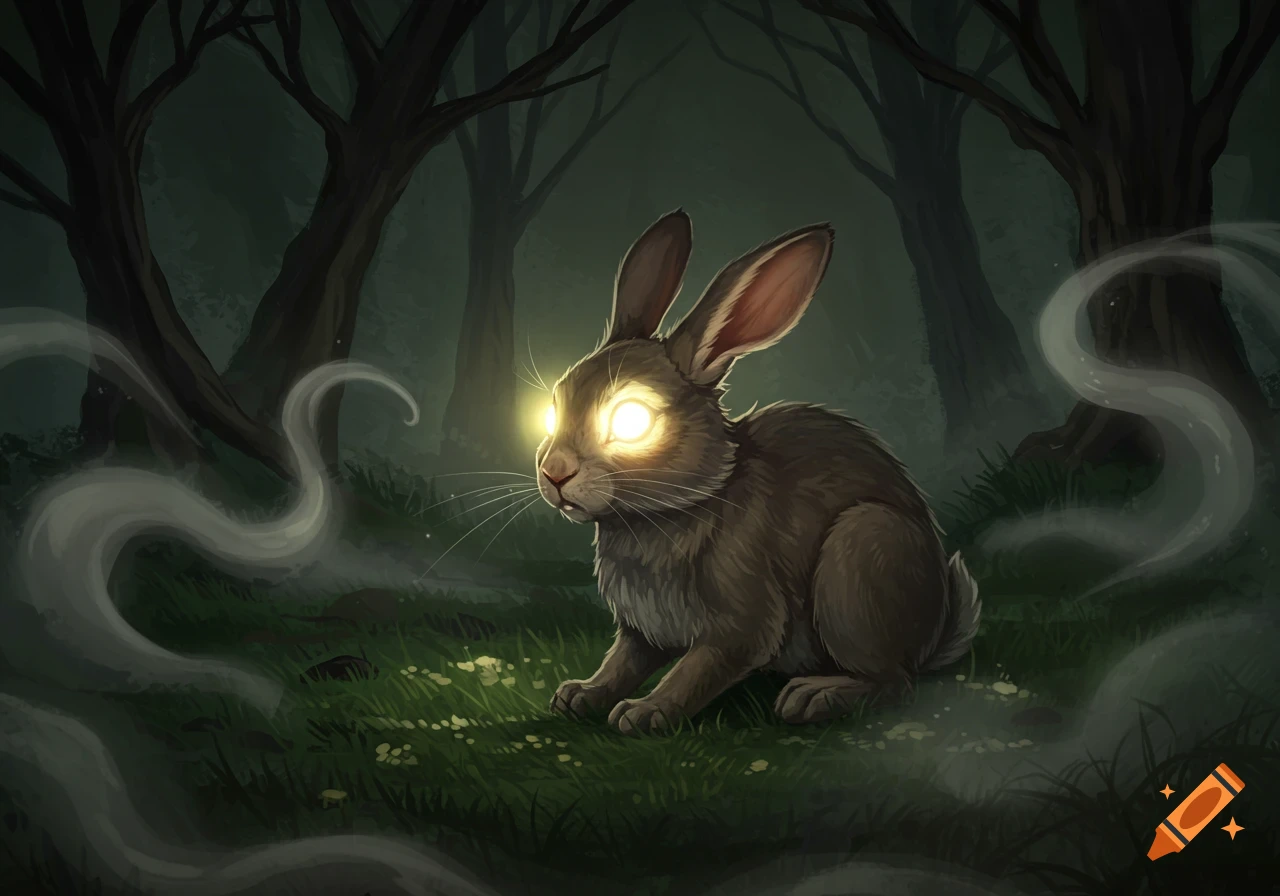 A brown rabbit with glowing yellow eyes sits in a dark, misty forest, appearing startled.