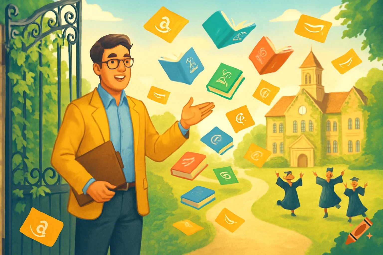 An illustrated man in a yellow jacket stands by a gate, gesturing towards a university building with graduates and floating books and Amazon logos.