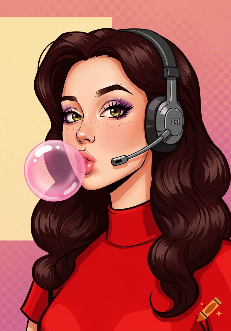 A close-up cartoon portrait of a girl with dark brown hair and hazel eyes, wearing a red turtleneck and a headset, blowing a large pink bubble gum bubble. She has purple eyeshadow and freckles.