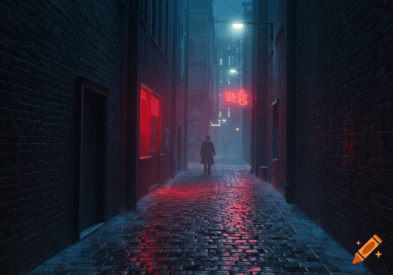 A person walks through a dark, rainy alley at night, illuminated by red reflections and a glowing neon sign on brick buildings.