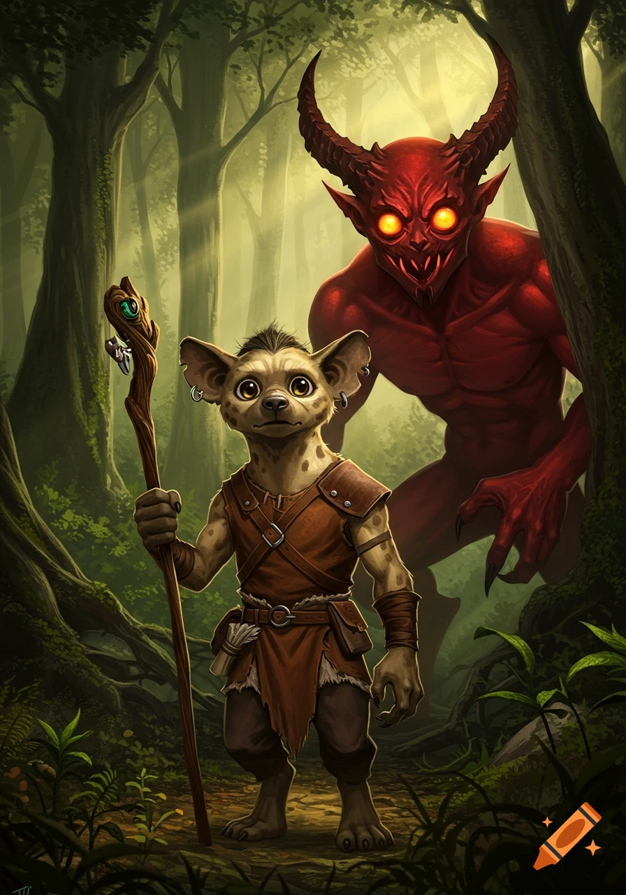 A naive gnoll warrior with a staff stands in a forest, while a large red demon with glowing eyes lurks behind him. Realistic illustration.