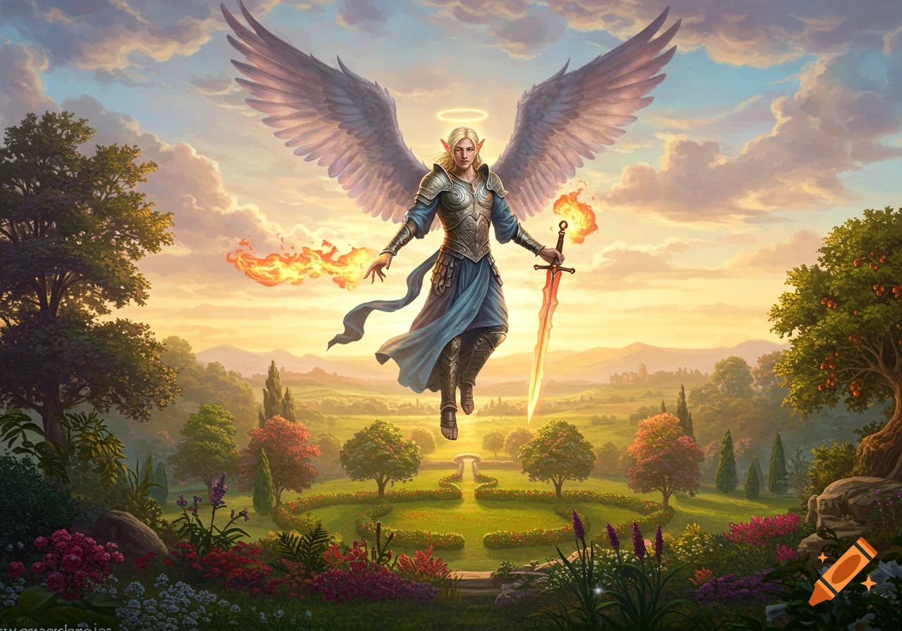 An angelic figure with large wings and a halo, holding a flaming sword and fire in the other hand, floats above a vibrant, lush garden at sunset.