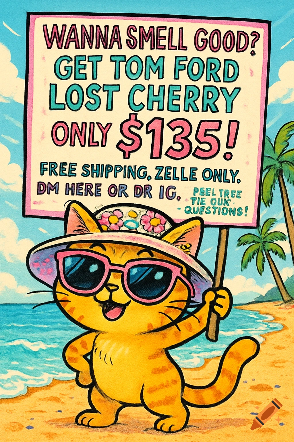 A cute cartoon cat wearing a sun hat and sunglasses stands on a beach, holding a sign advertising perfume. The art style is bright and comic-like.