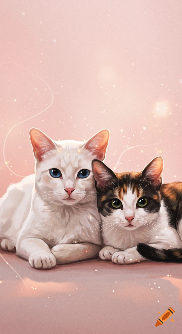 A white cat with blue eyes and a calico cat with green eyes lie together on a pink background, in a digital art style.
