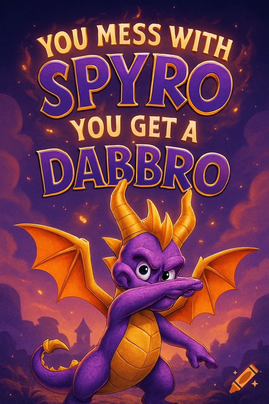 Vibrant poster of purple dragon Spyro dabbing, with text 'YOU MESS WITH SPYRO YOU GET A DABBRO' against a cloudy sky.