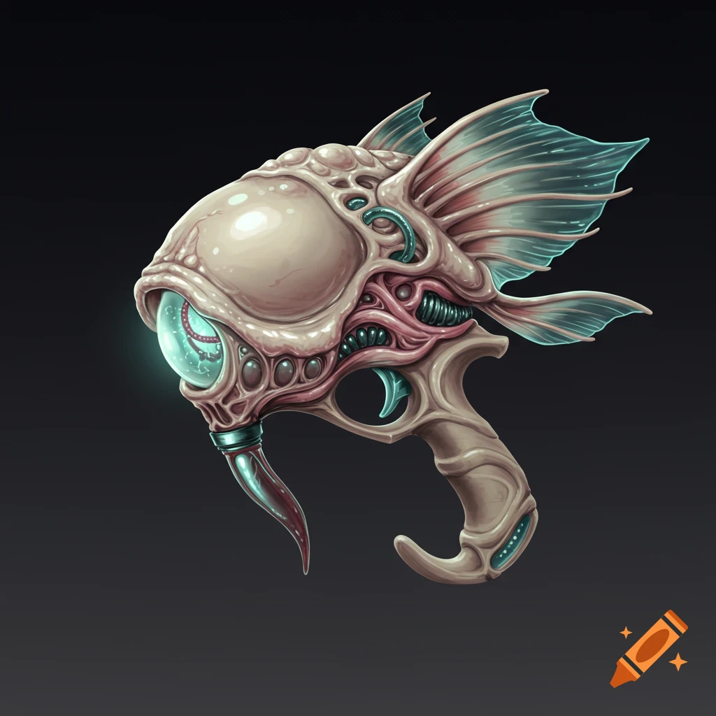 A detailed sci-fi biomechanical weapon with a rounded, seed-like core, translucent fins, and a waxy bone texture, set against a dark background.
