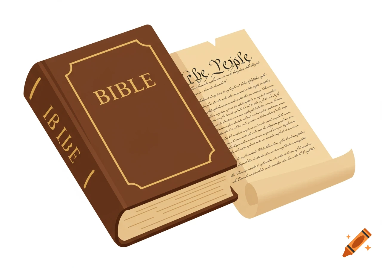 A brown Bible with gold trim rests next to a partially unrolled parchment scroll with the words "We The People" visible.