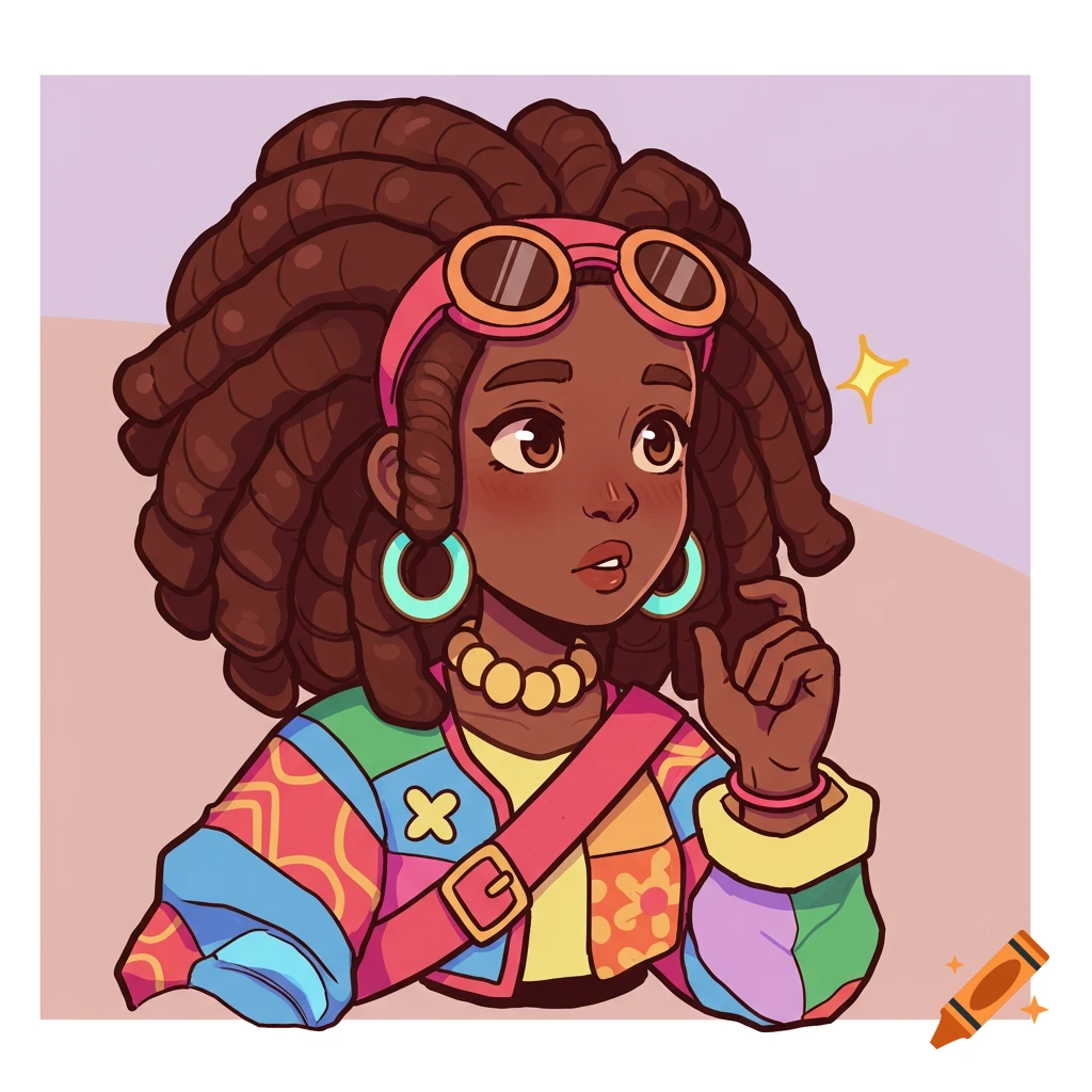 A vibrant, cartoon-style illustration of a dark-skinned woman with large dreadlocks, wearing a colorful patchwork jacket and goggles.