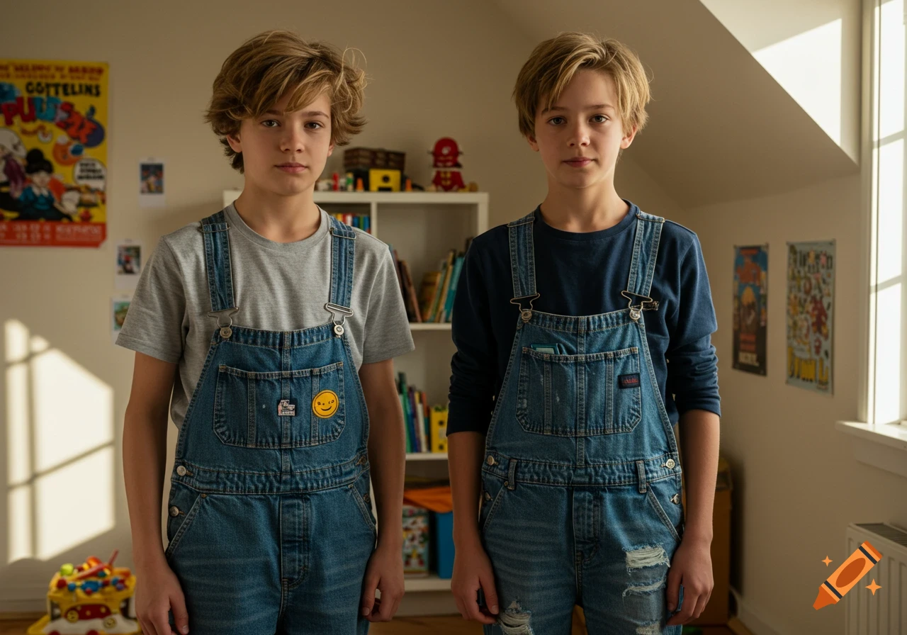 Two young boys with blond hair stand in a bedroom wearing denim overalls and t-shirts, looking at the camera.