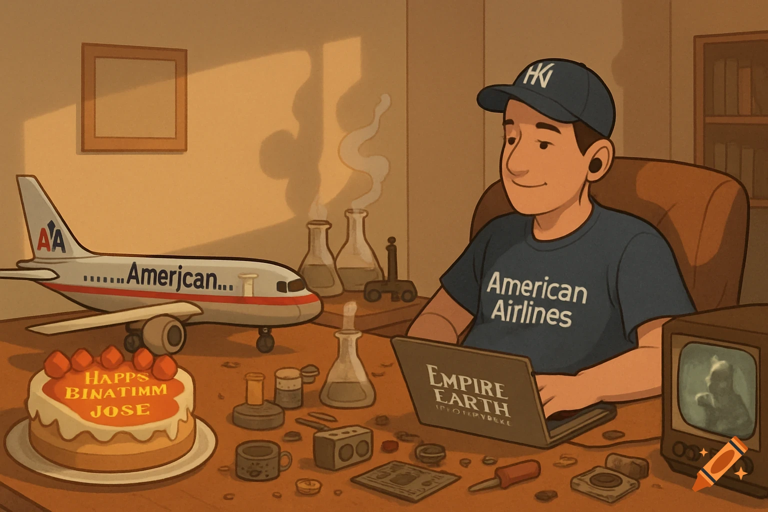 A cartoon man sits at a desk with an American Airlines model plane, a birthday cake, a laptop displaying 'Empire Earth', and science equipment.