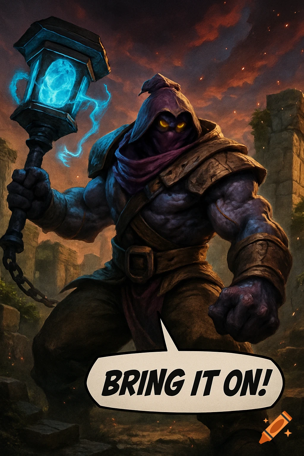 A hulking hooded fantasy warrior with glowing eyes holds a glowing hammer, standing amidst ruins under a dramatic sky. A speech bubble reads 'BRING IT ON!'