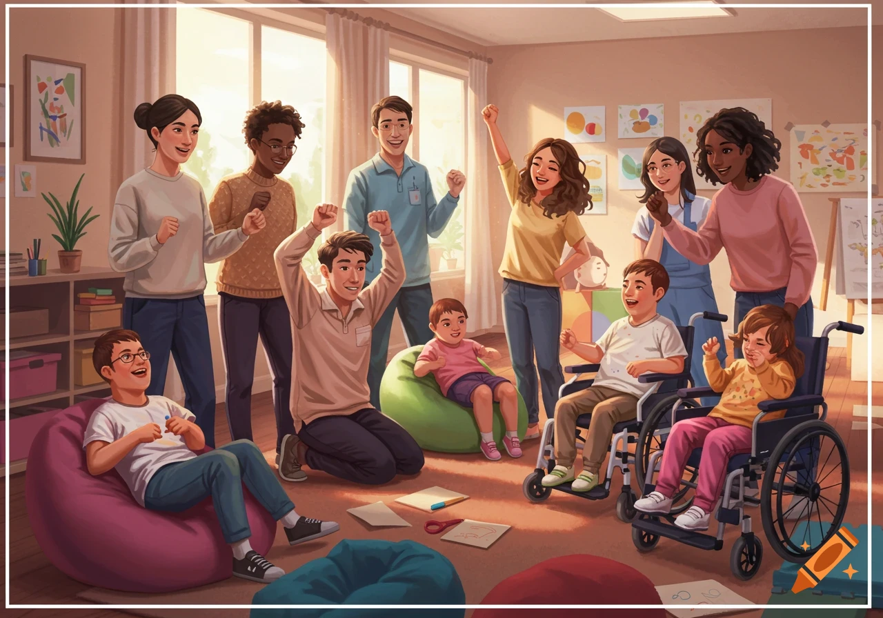 Digital illustration of a diverse group of adults and children, some in wheelchairs or on beanbags, smiling and celebrating in a bright room.