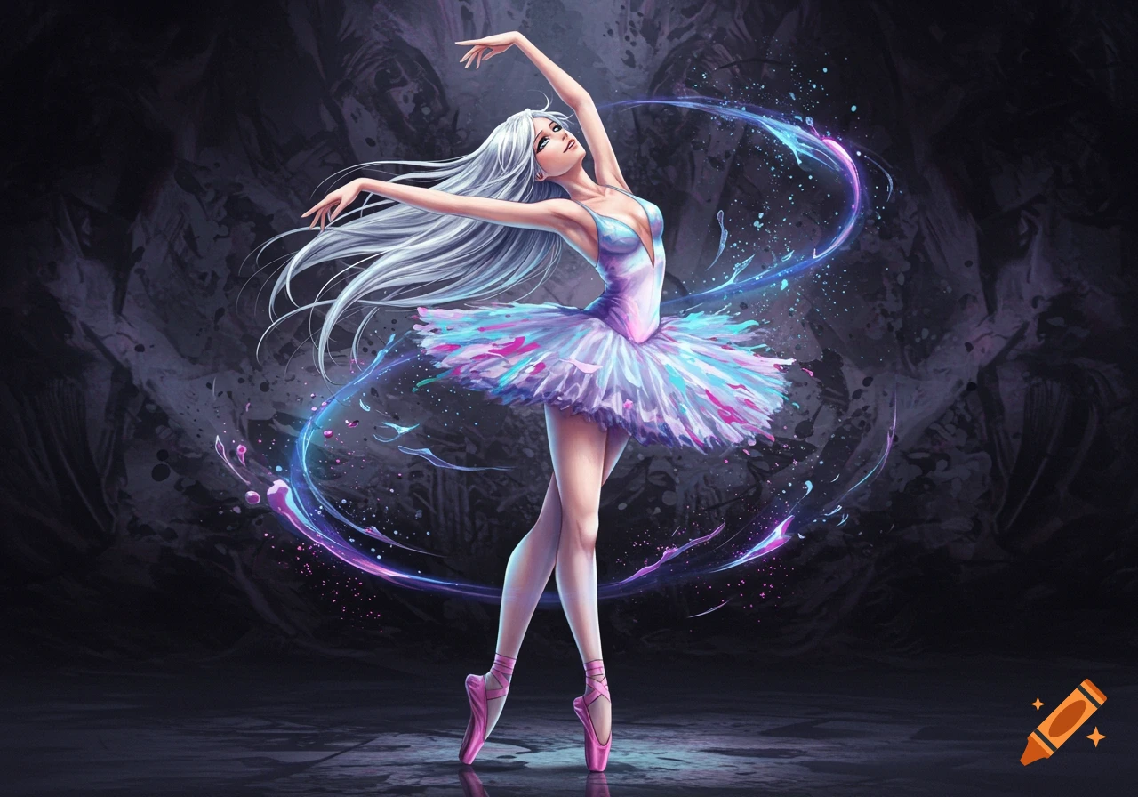 An anime-style ballerina with long white hair, wearing a vibrant blue and pink tutu, dancing en pointe with glowing magical energy trails.