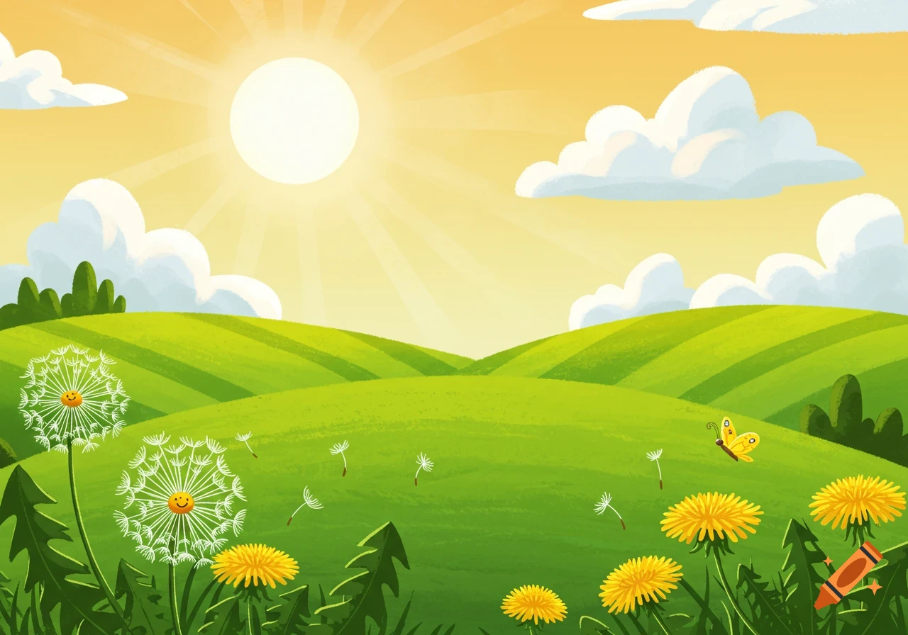 A vibrant cartoon landscape with green rolling hills, a bright sun, white dandelions, yellow dandelions, and a butterfly.