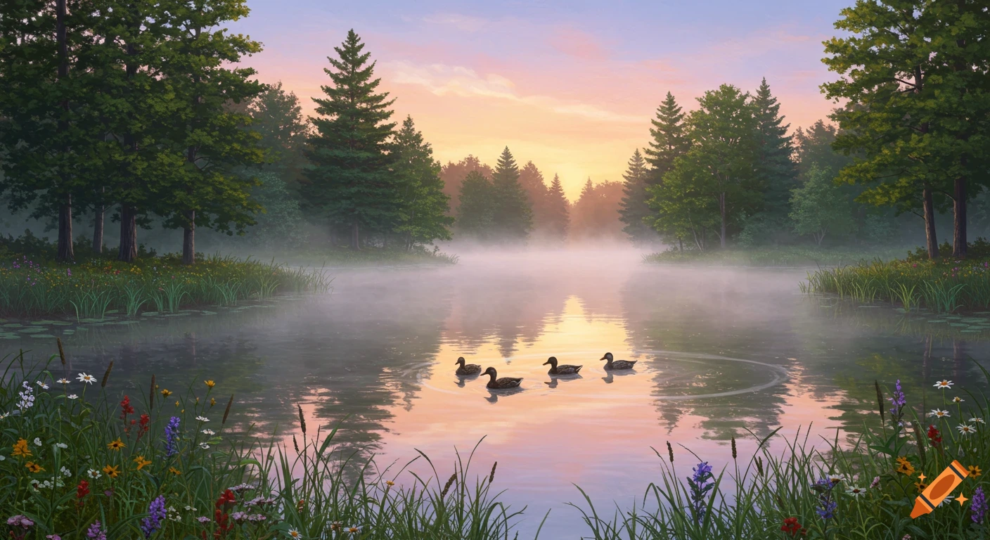 A serene sunrise over a misty woodland lake with four ducks swimming, surrounded by trees and wildflowers.