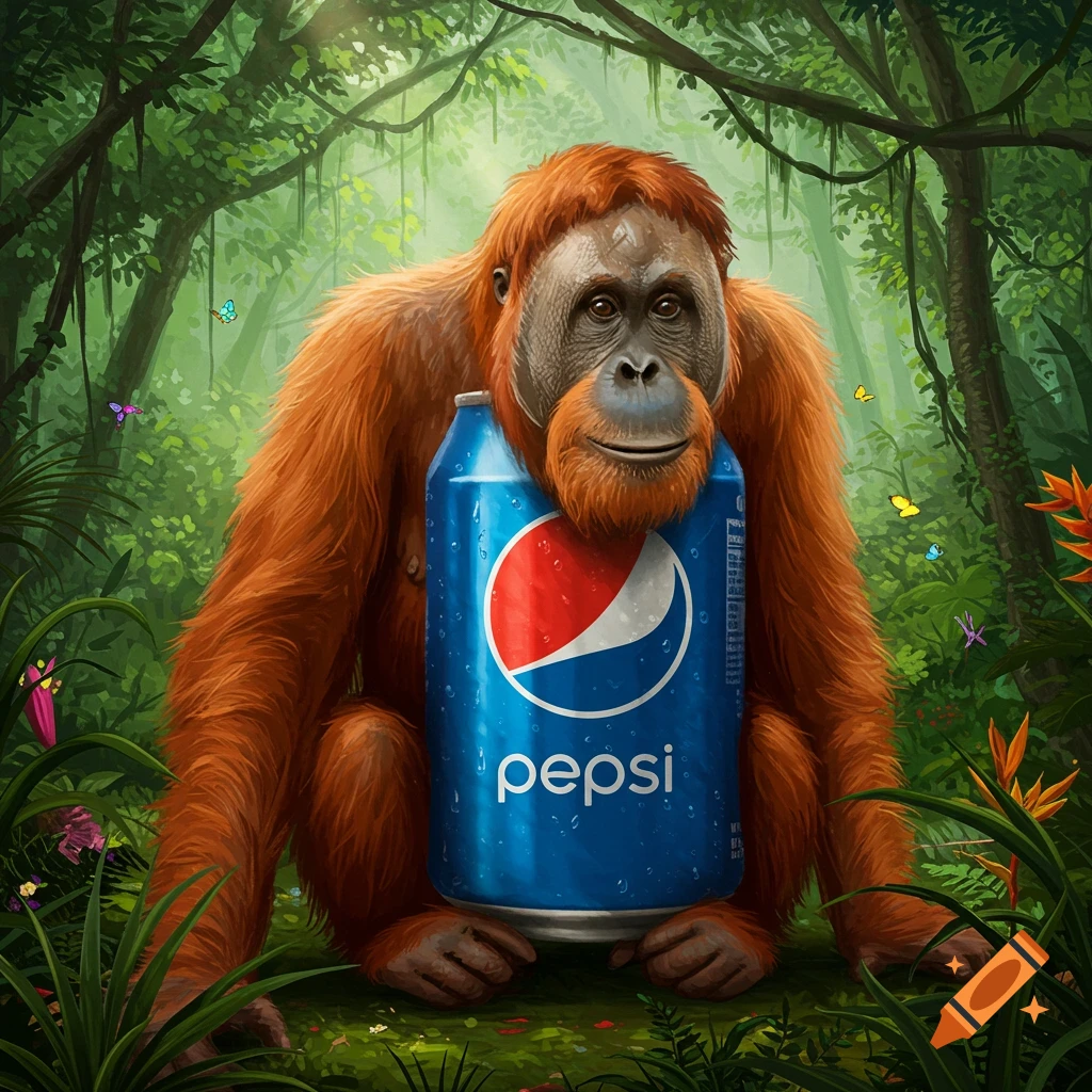 An orangutan with orange fur holds a giant blue Pepsi can with the red, white, and blue logo and 'pepsi' text, in a lush green jungle.