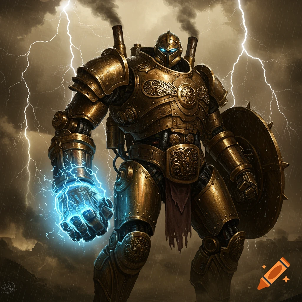 A powerful steampunk mech suit stands amidst a lightning storm, holding a shield and generating electricity in its glowing fist.