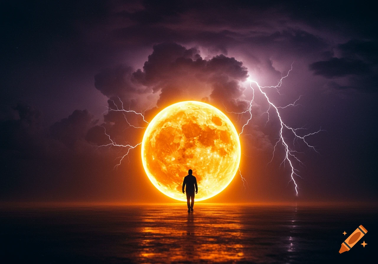 A silhouette of a person walks towards a giant glowing orange sphere over water, with purple stormy clouds and lightning in the sky.