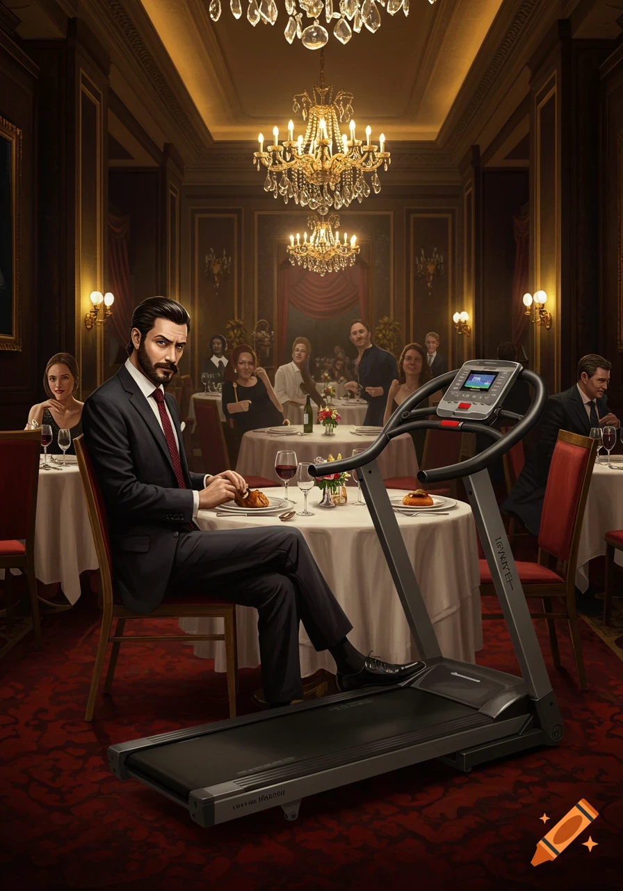 A man in a suit dines at a fancy restaurant with a treadmill as his date, surrounded by other diners.