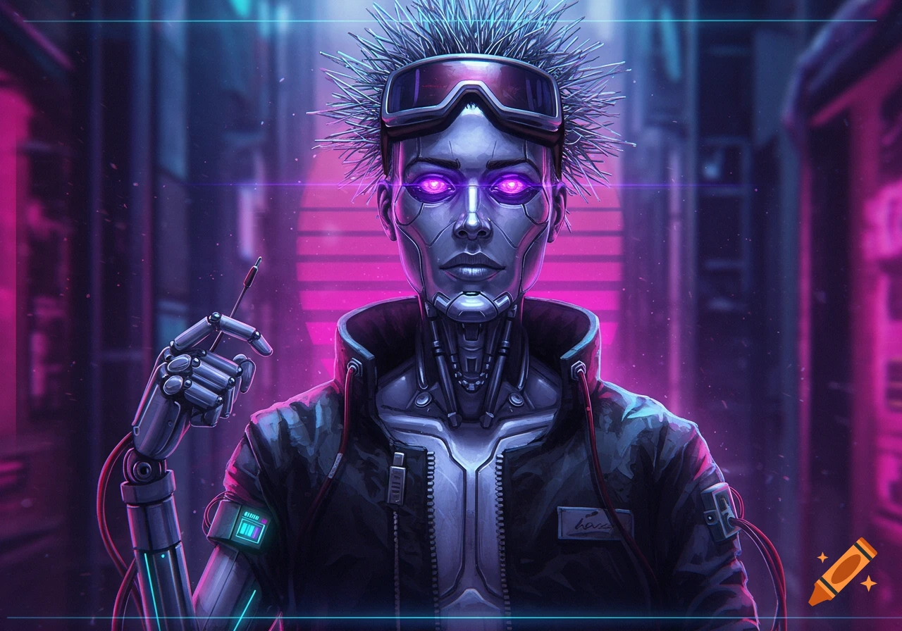 A cyberpunk android with glowing purple eyes, spiky metallic hair, and goggles stands in a neon pink and blue cityscape, holding a stylus.