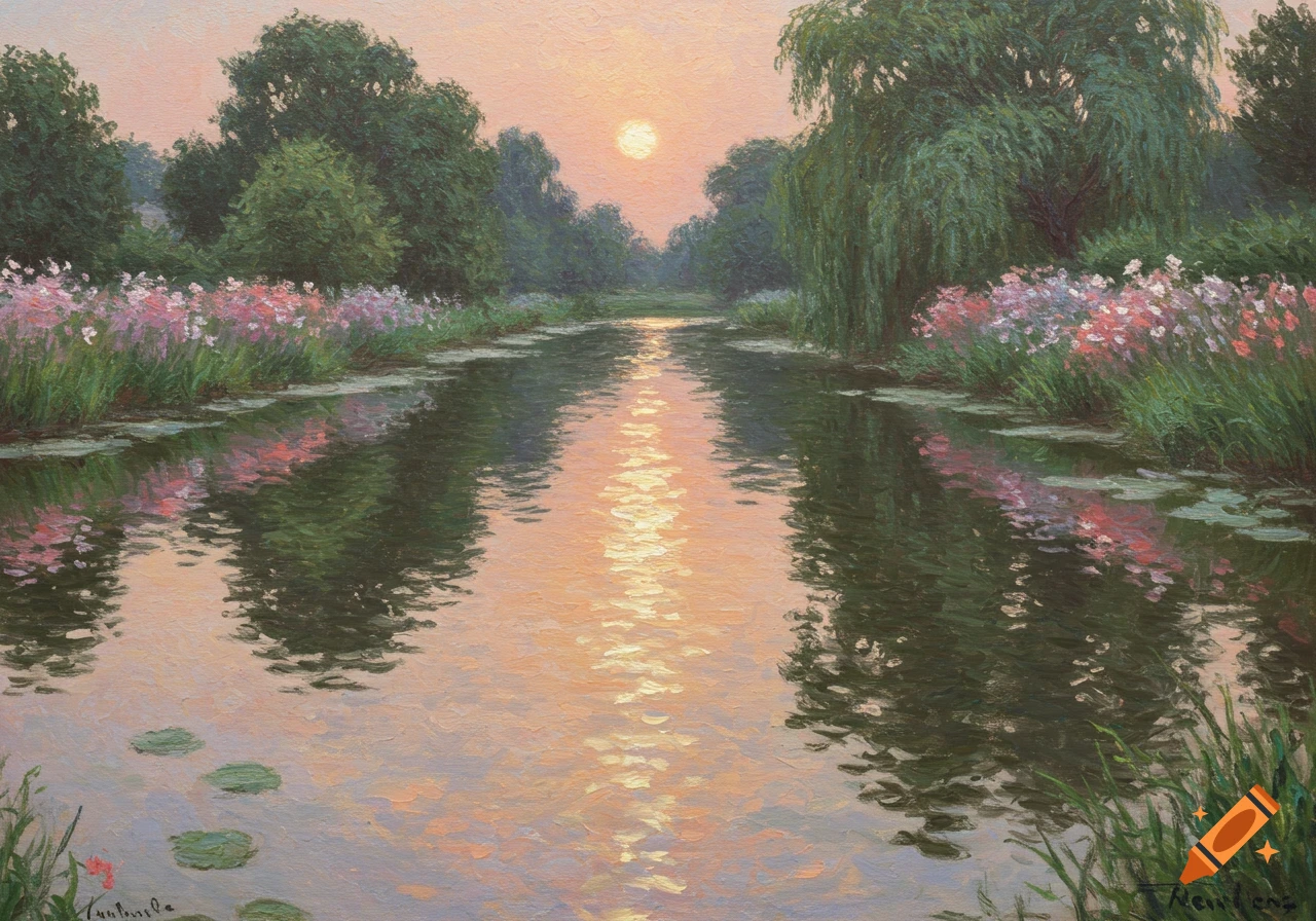 Impressionist painting of a river at sunset lined with trees and flowers, with light reflecting on the water.