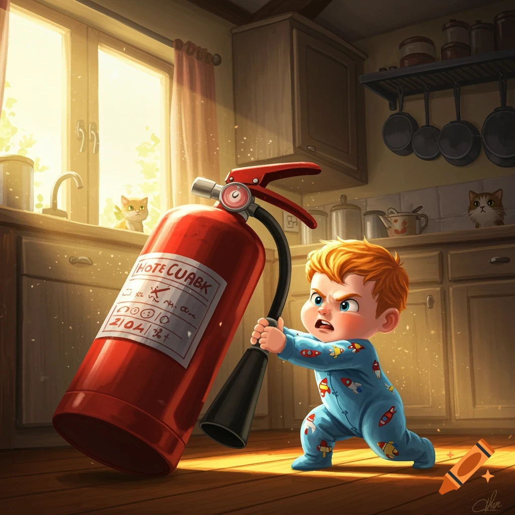 Cartoon illustration of a determined ginger baby boy pulling a large red fire extinguisher across a sunlit kitchen floor, as two cats watch from the counters.