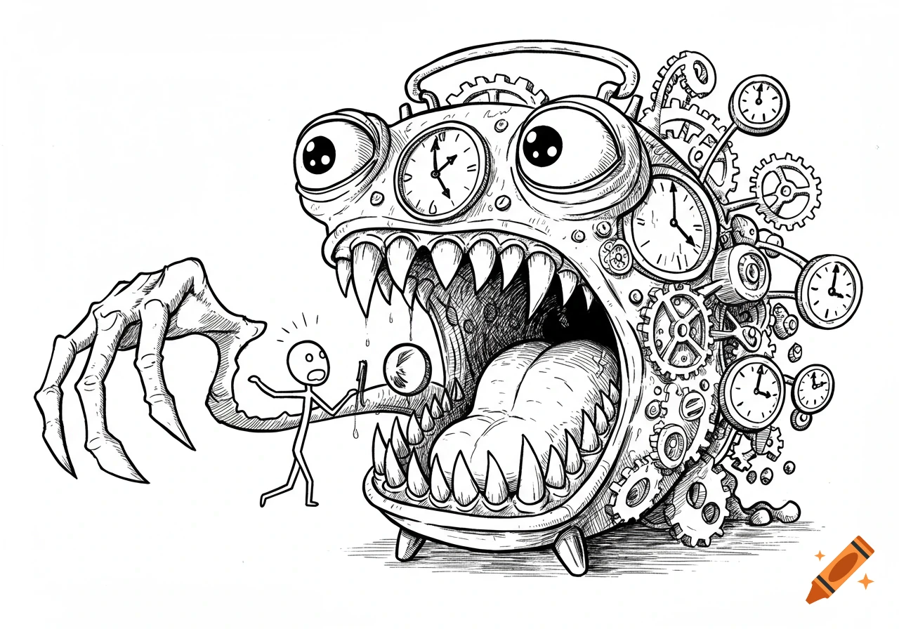 Line art drawing of a bizarre clock monster with sharp teeth and wide eyes devouring a stick figure, with gears and more clocks emerging from its body.