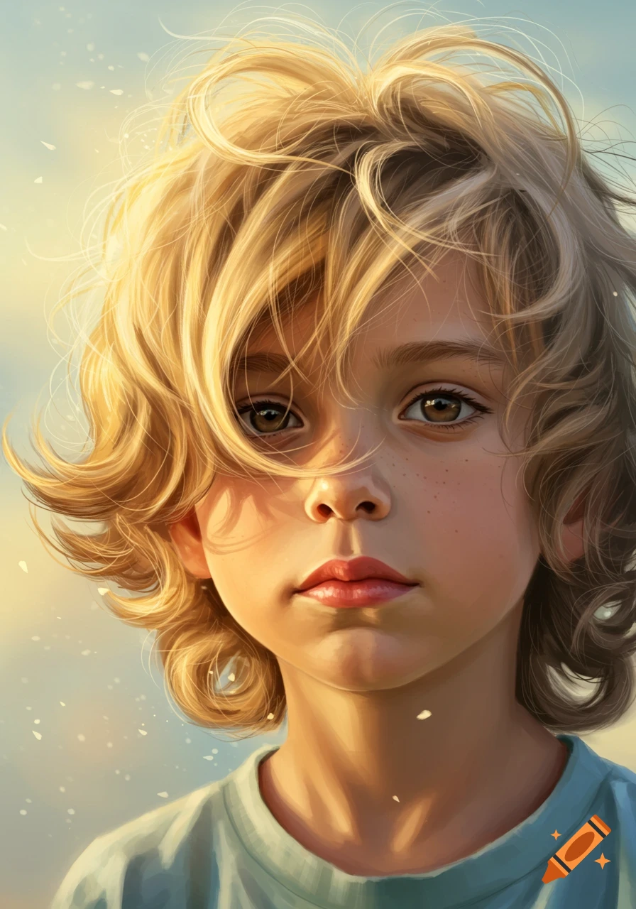 Close-up portrait of a young boy with messy blonde hair and brown eyes, looking forward. Digital painting style.