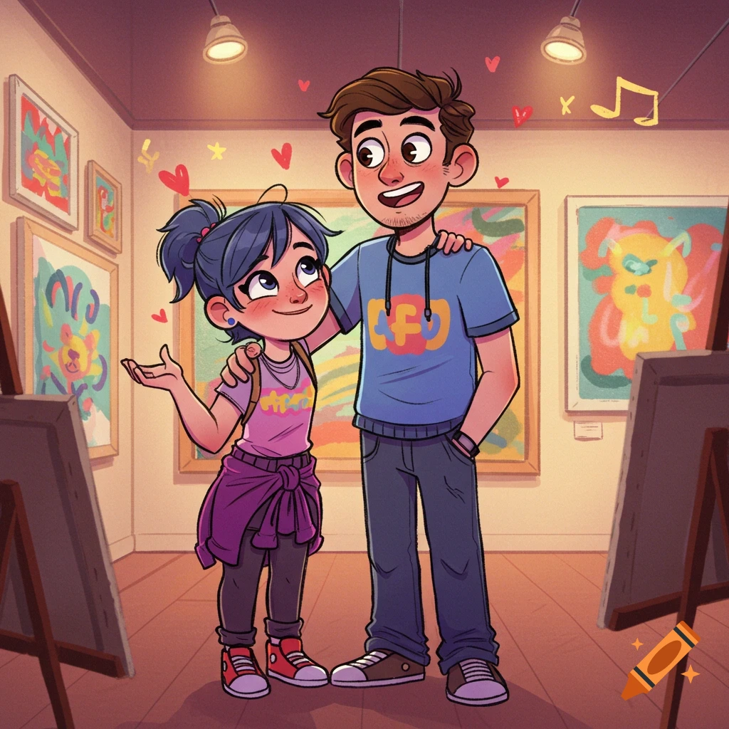 Cartoon characters, a man and a woman, smiling in an art gallery surrounded by colorful abstract paintings.