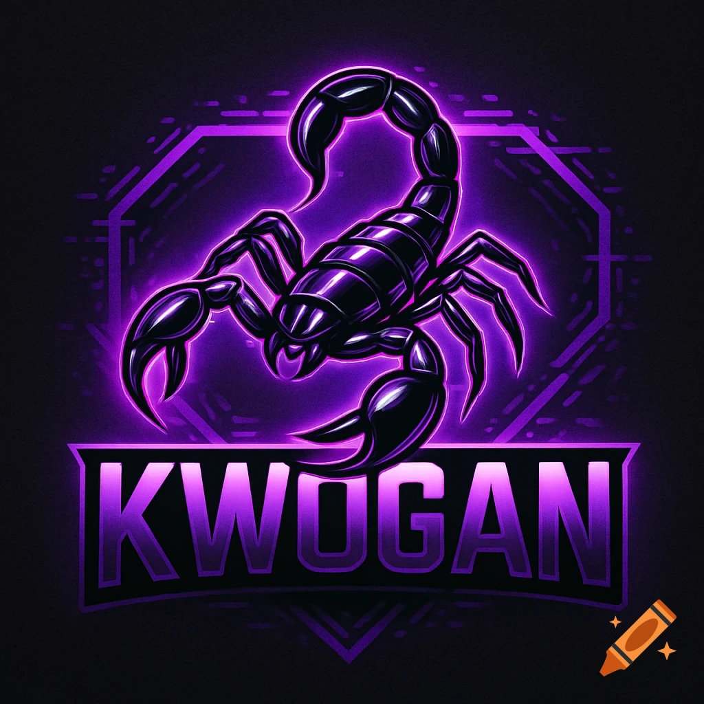 A black scorpion with purple neon glow, centered above the name KWOGAN in glowing purple text, all within a dark, geometric logo.
