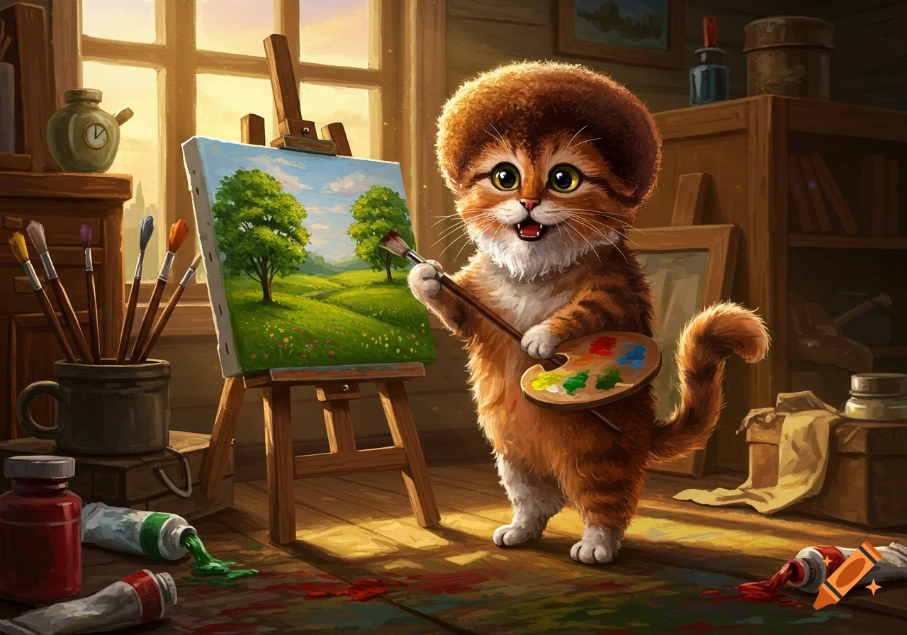 A cute, fluffy, orange cat with a large head paints a landscape with green hills and trees on an easel in a sunlit art studio.