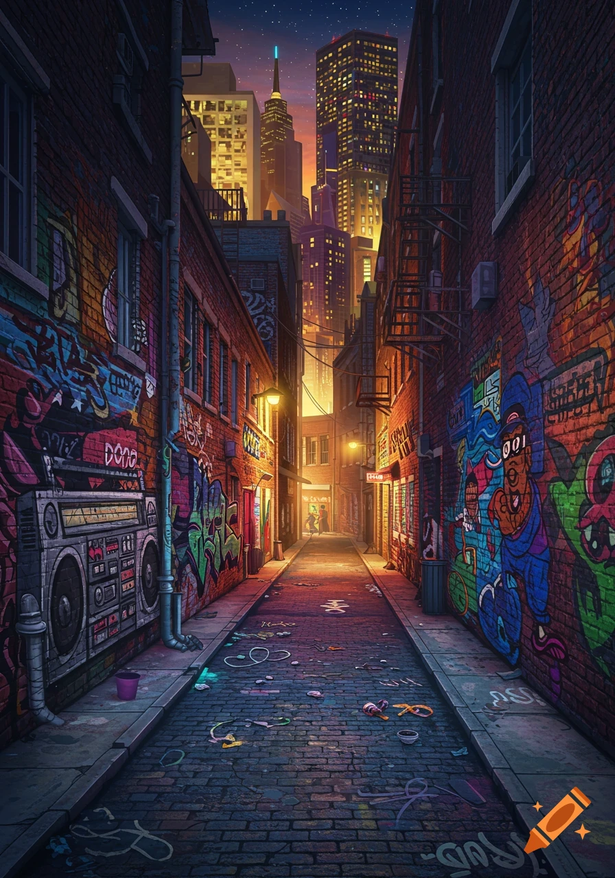An evening view down a narrow, graffiti-covered brick alleyway in a city, with a boombox on the left and distant skyscrapers under a starry sky.