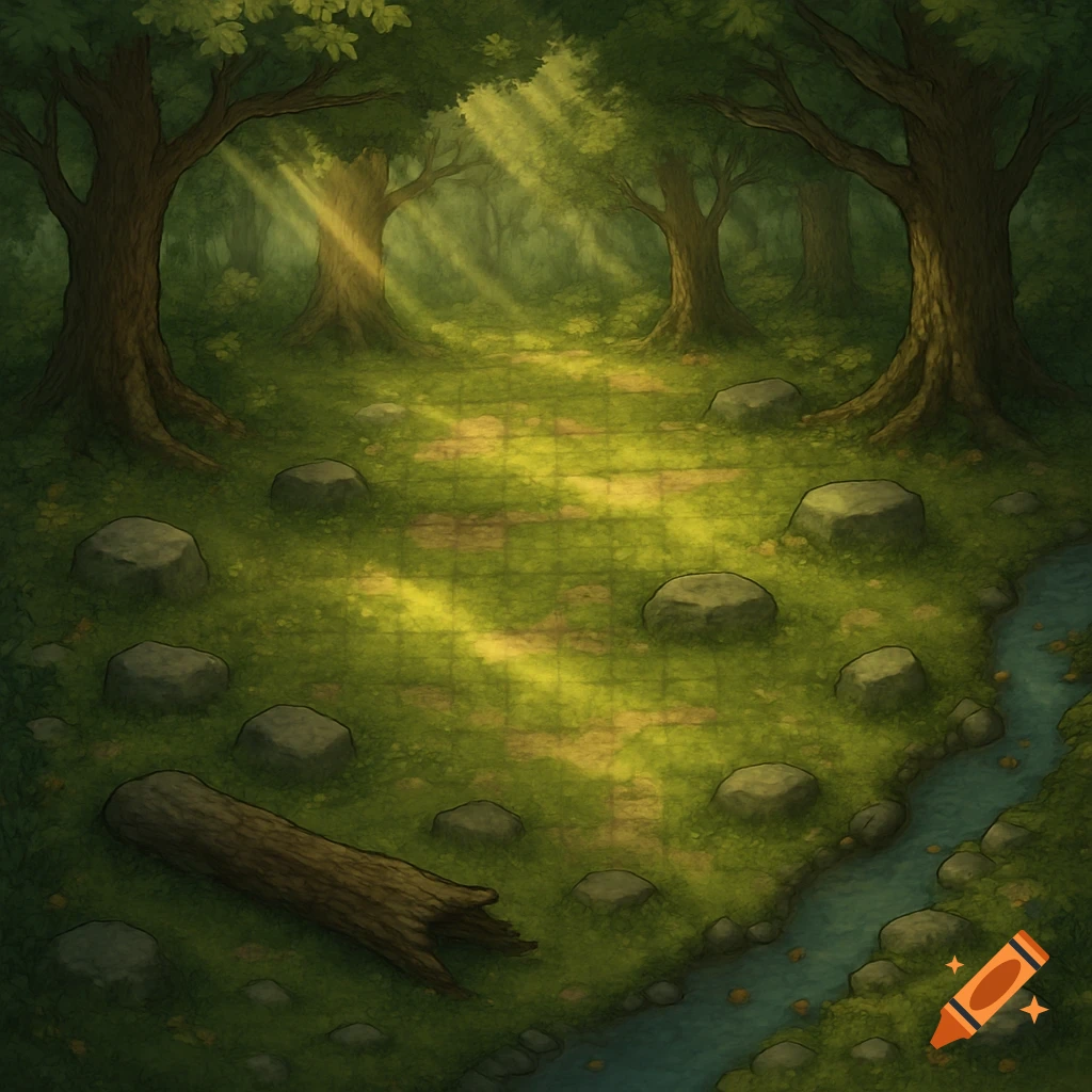 Illustrated forest glade battle map with sunbeams, trees, rocks, a stream, and a grid on the grassy ground.