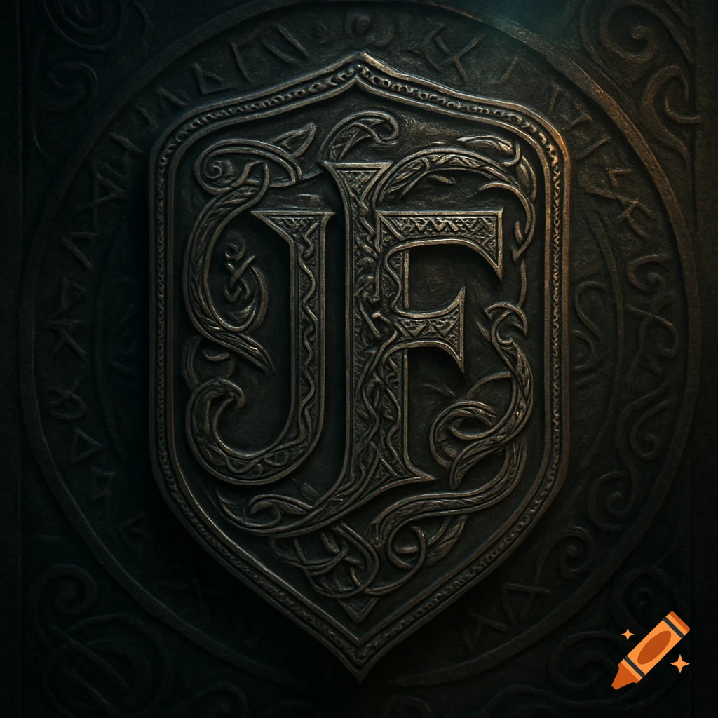 Ornate metallic shield emblem with stylized intertwined letters J and F, in a dark, detailed Nordic rune style.