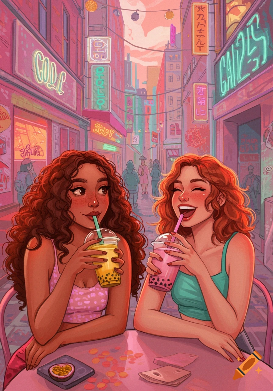 Colorful illustration of two young women with curly and wavy hair, laughing and drinking bubble tea at a pink table on a vibrant city street with neon signs.