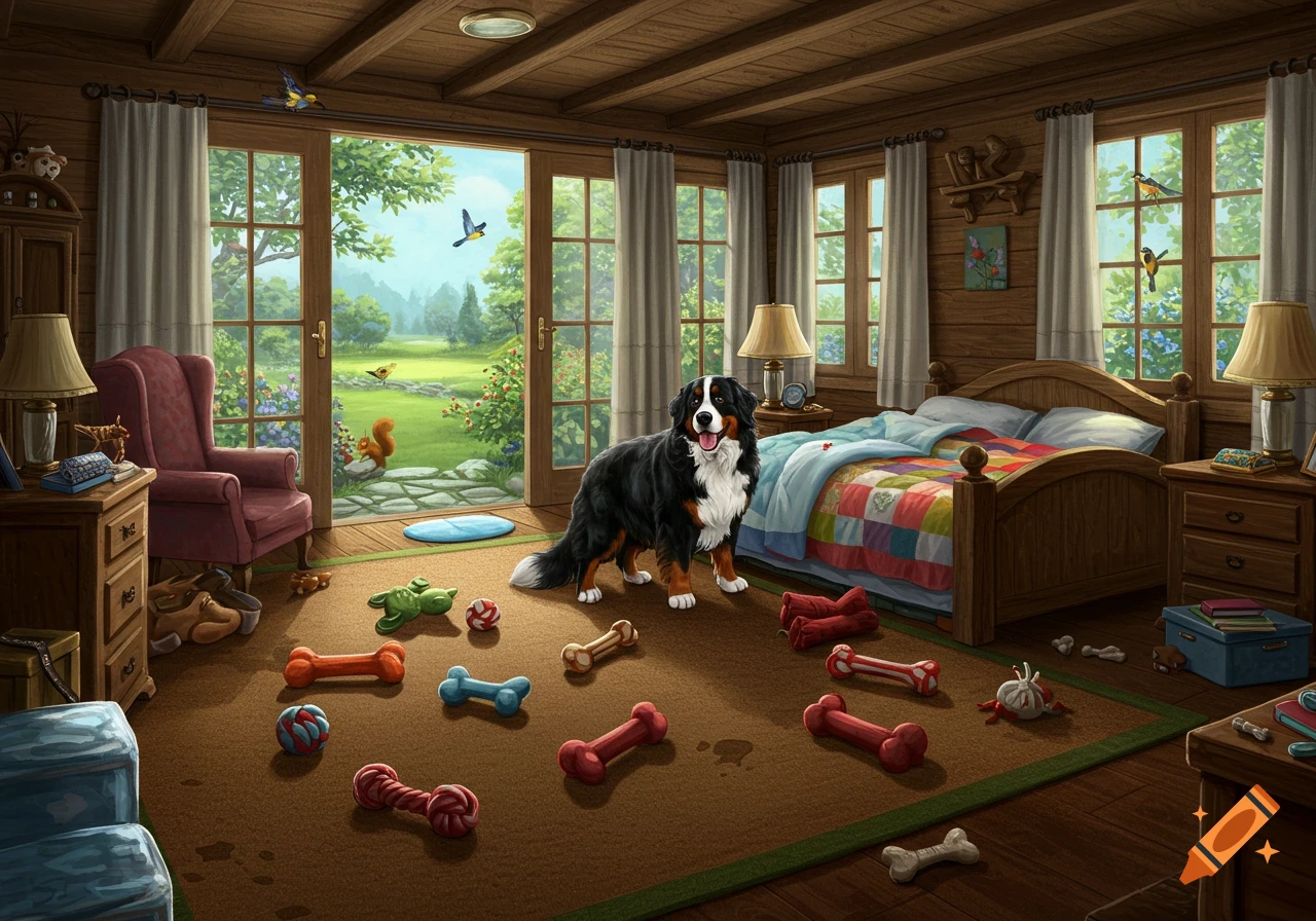 An illustrated Bernese Mountain Dog stands in a cozy bedroom with toys scattered on the floor, looking out at a sunny garden.