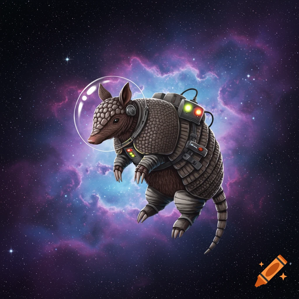 An illustrated armadillo wearing a spacesuit floats through deep space with a colorful purple and blue nebula.