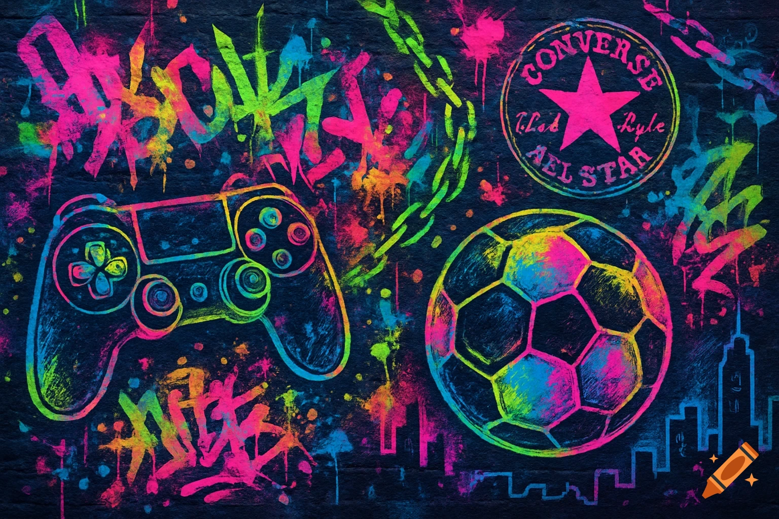 Urban graffiti style mural on a dark brick wall featuring a neon pink, green, blue, and yellow game controller, soccer ball, and a Converse logo.