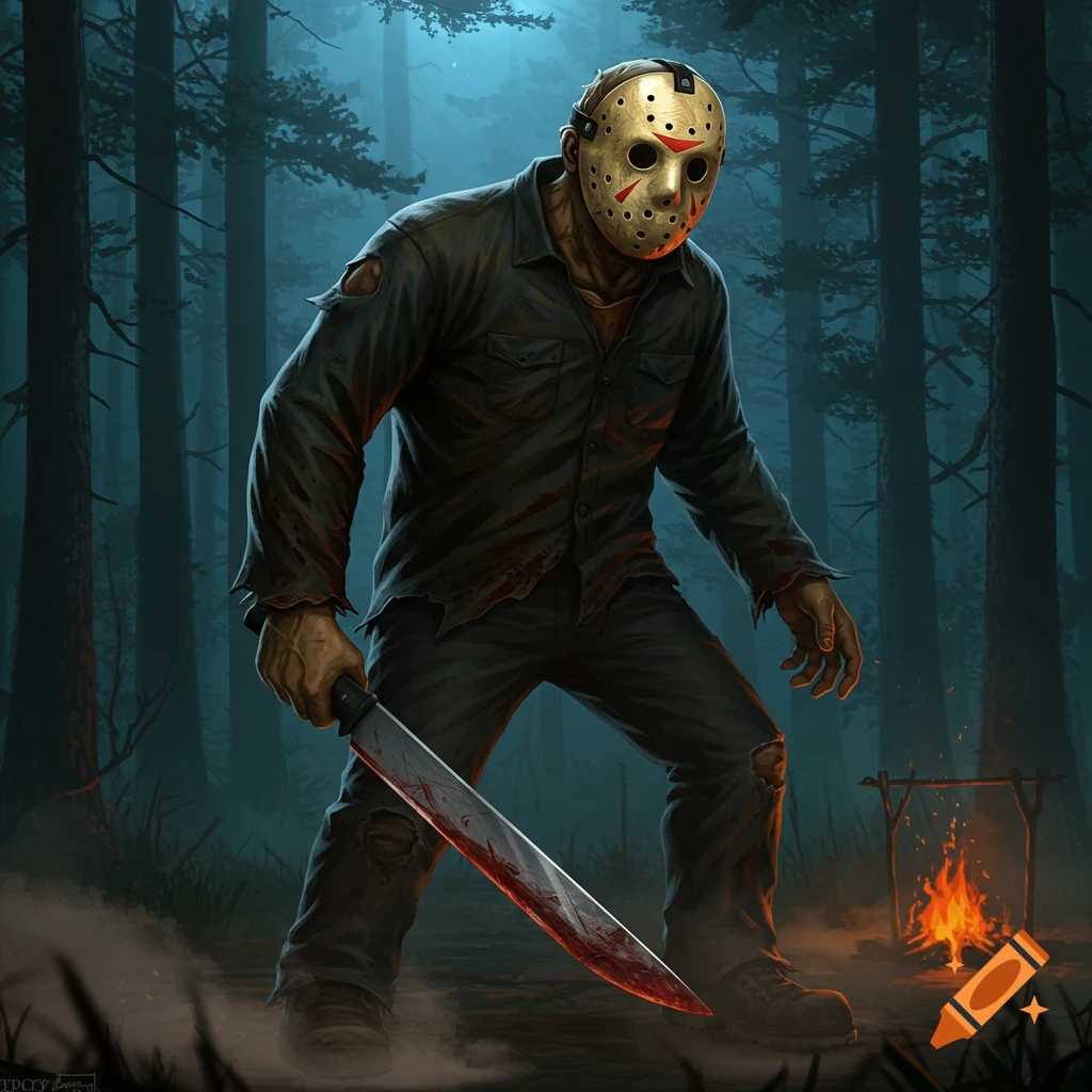 A dark illustration of Jason Voorhees wearing a hockey mask and holding a bloody machete in a misty forest with a campfire.